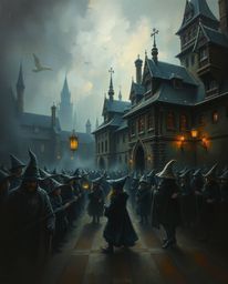 Discover captivating oil paintings depicting a magical school brimming with young wizards. These moody, low-contrast artwork