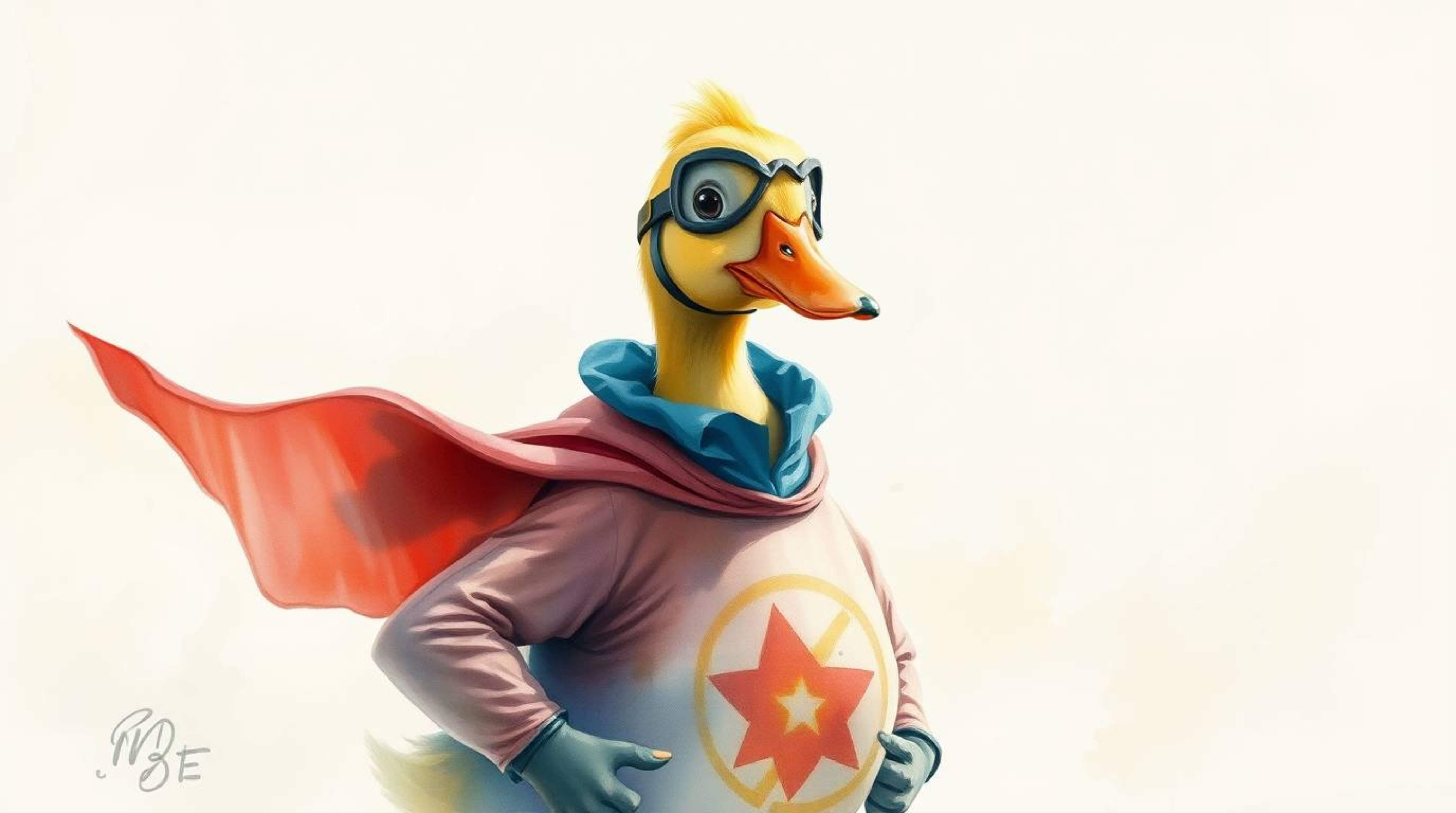 Explore a whimsical watercolor painting featuring a duck donned in a zany superhero costume. This art piece showcases soft ci