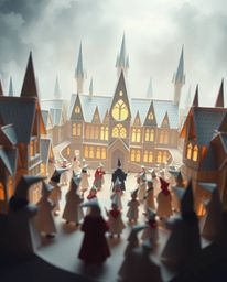 Discover a captivating origami-style artwork depicting a magical school brimming with young wizards.  The image is rendered i