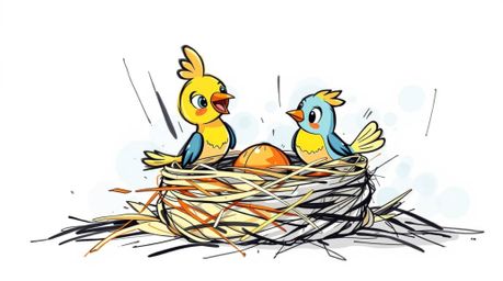 A charming hand-drawn sketchnote depicts two adorable cartoon birds collaboratively building a nest. Rendered in a classic a