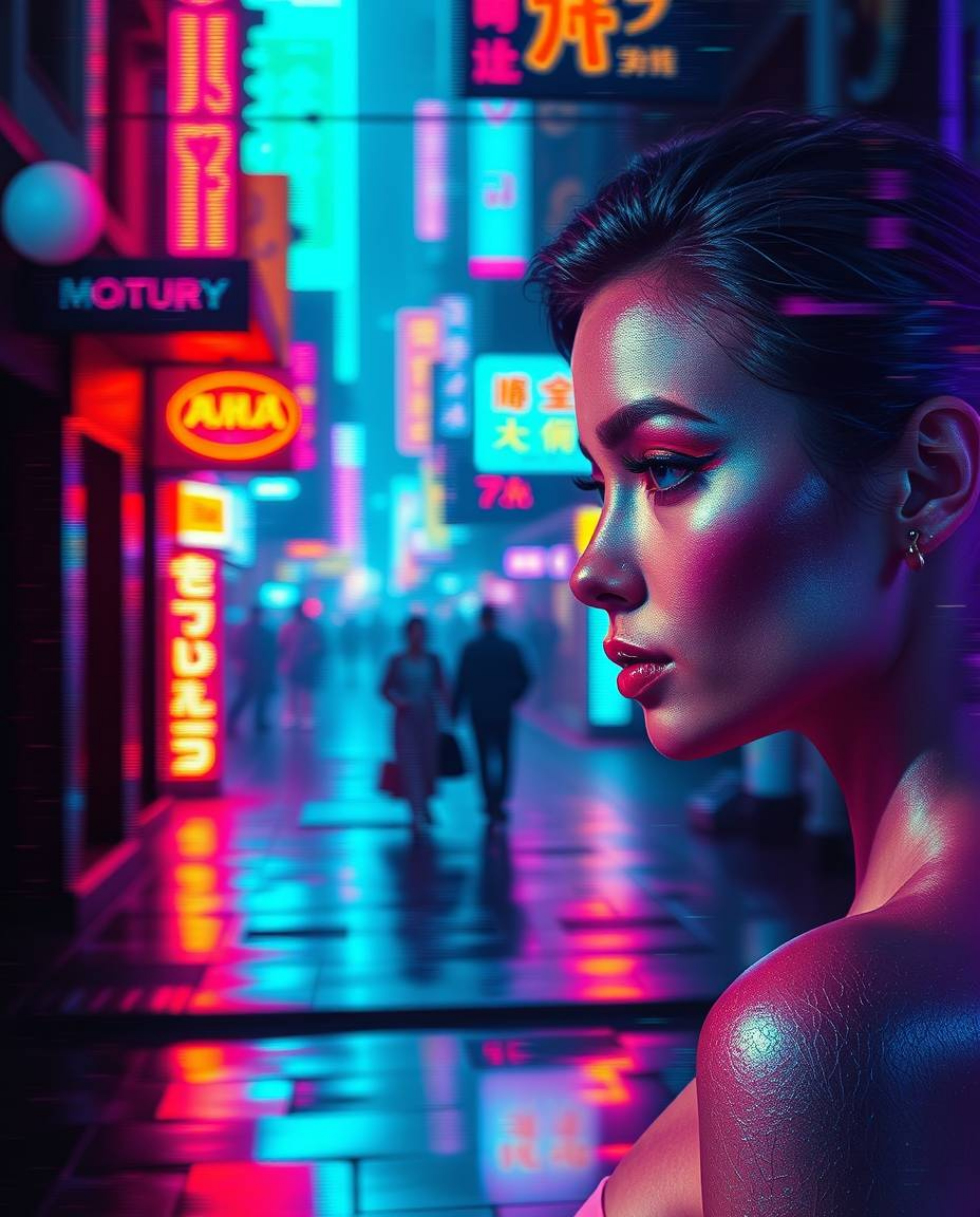 This captivating image showcases an elegant and graceful cyberpunk street scene, featuring a mesmerizing blend of iridescent 