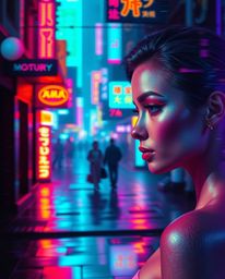 This captivating image showcases an elegant and graceful cyberpunk street scene, featuring a mesmerizing blend of iridescent 