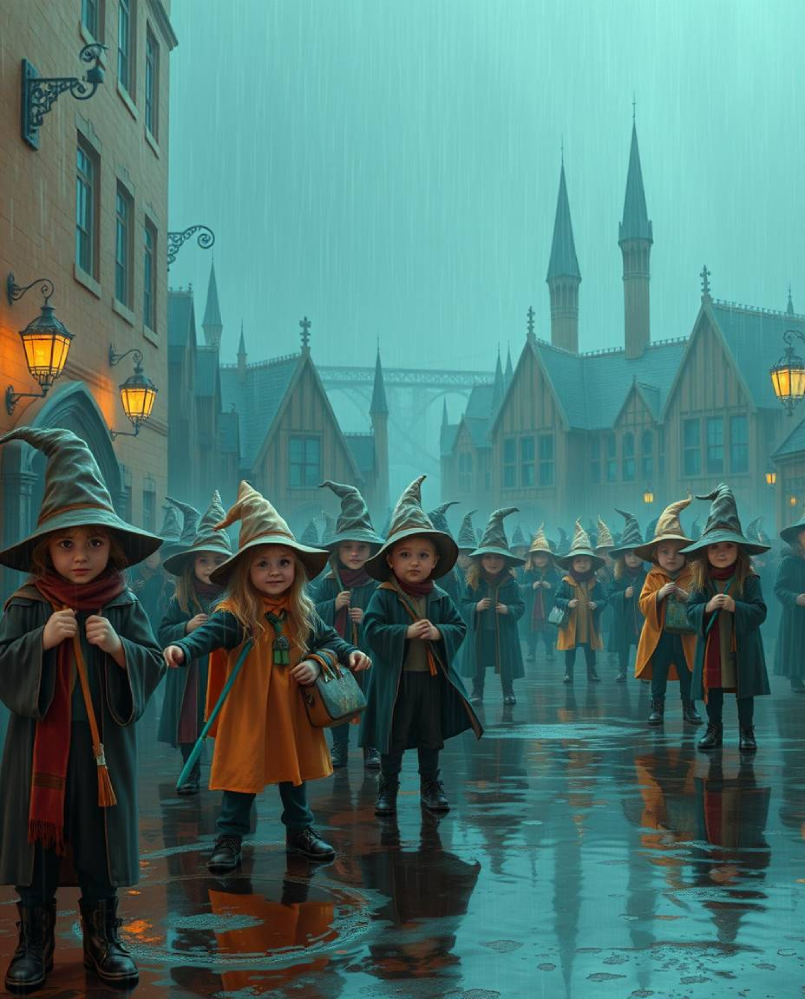 Experience the enchanting atmosphere of a magical school brimming with young wizards, visually brought to life with a captiva