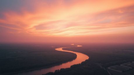 Experience the tranquility of a winding river bathed in the dramatic glow of an orange-pink sunset. This breathtaking birds-e