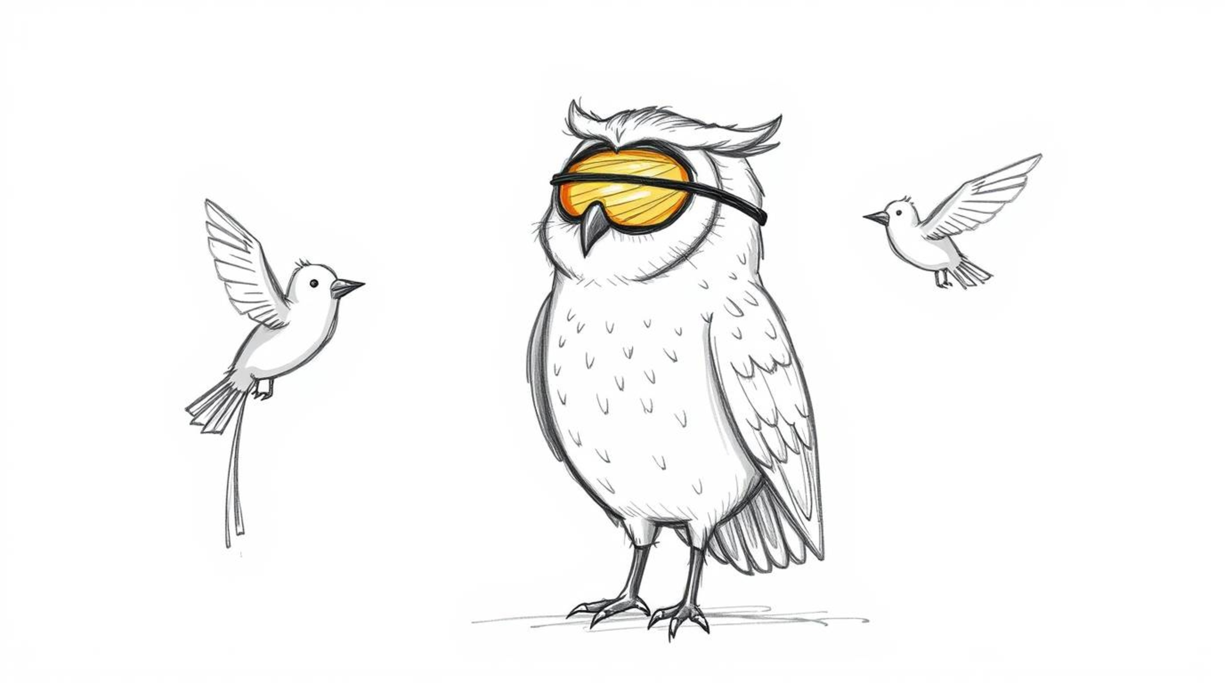 A heartwarming hand-drawn sketch in the style of Pixar depicts a wise, gentle, blind owl teaching birds how to fly. The owl i
