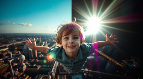 A captivating image featuring a young boy with freckles and sandy hair soaring above London with the aid of pixie dust.  The 