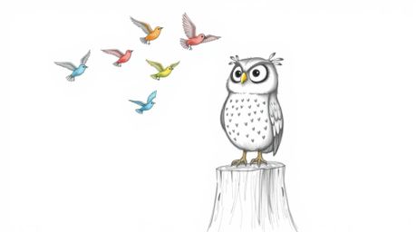 A heartwarming hand-drawn sketch in the style of Pixar depicts a blind owl with soft, downy feathers and a wise expression, p