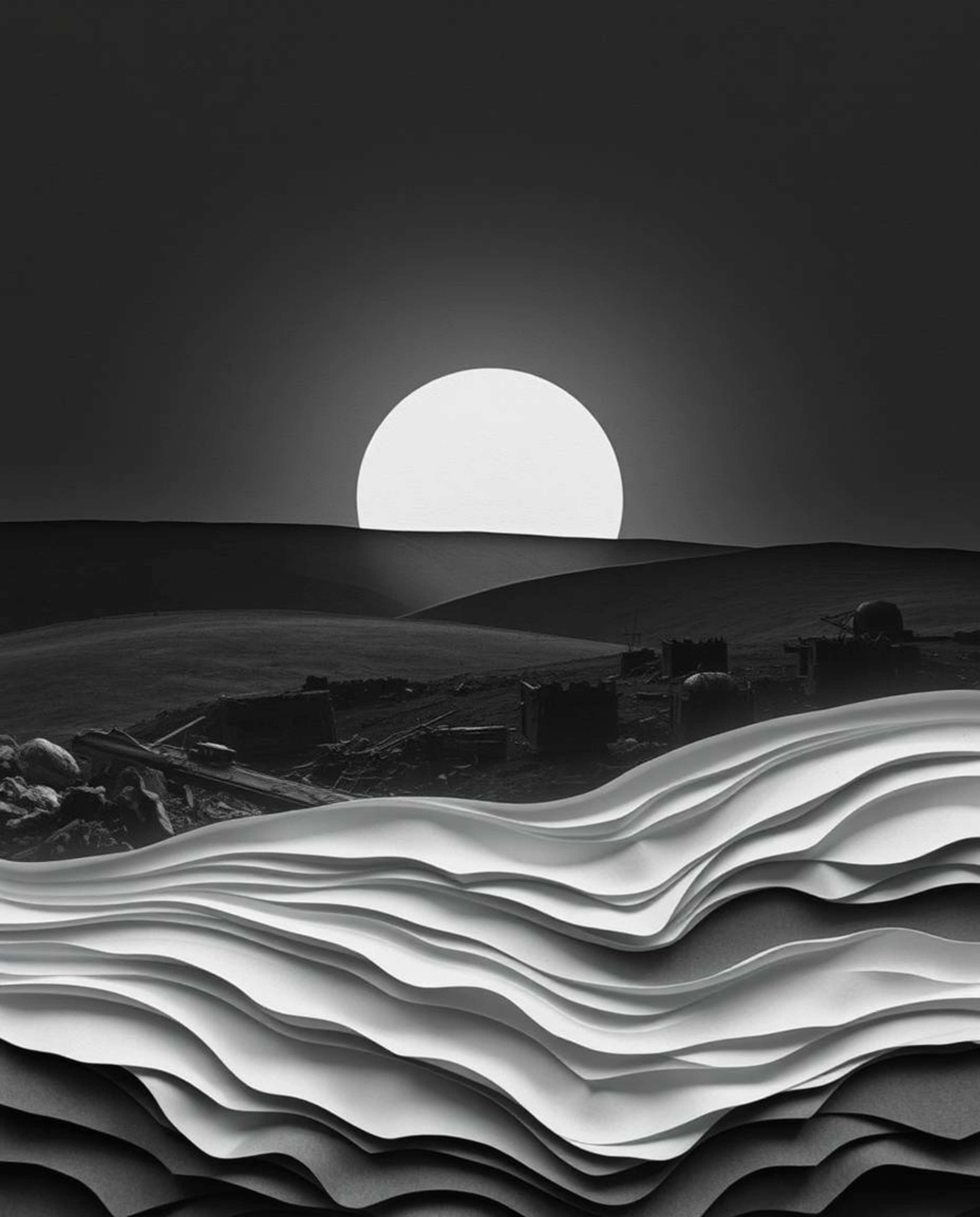 This collection showcases powerful imagery featuring a classic black and white aesthetic.  Each piece depicts a sunrise over 