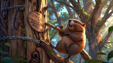 In a whimsical scene that blends the styles of Pixar and anime, a beaver is depicted building the perfect treehouse for orpha