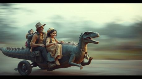 A captivating long-exposure photograph showcases a prehistoric family enjoying a whimsical ride in a dinosaur-shaped car.  Re