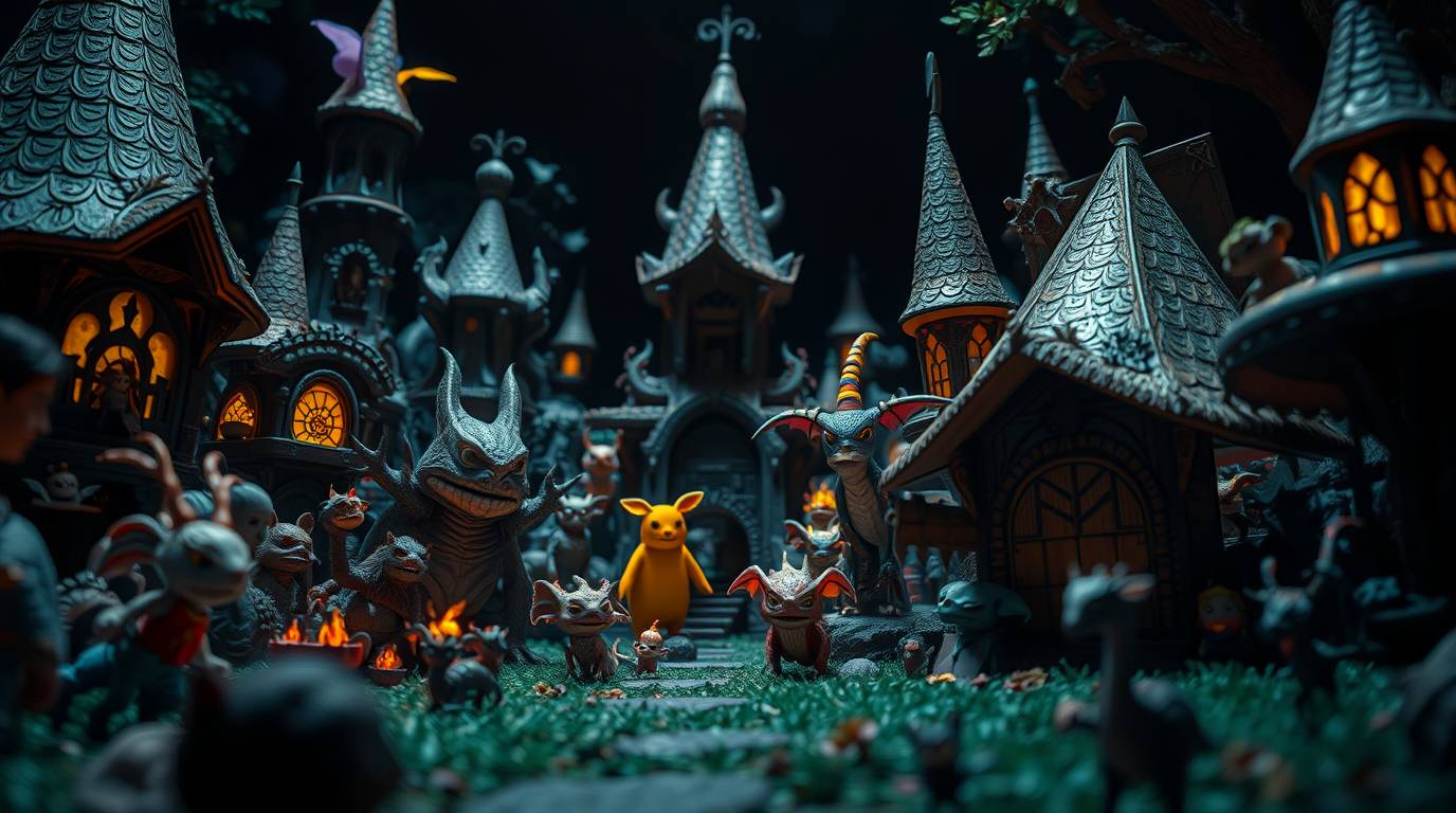 Immerse yourself in a high-contrast, low-key close-up of a fantastical realm teeming with quirky magical creatures. This imag