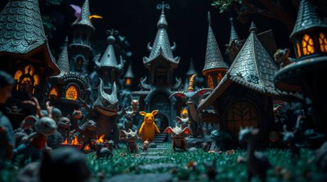 Immerse yourself in a high-contrast, low-key close-up of a fantastical realm teeming with quirky magical creatures. This imag