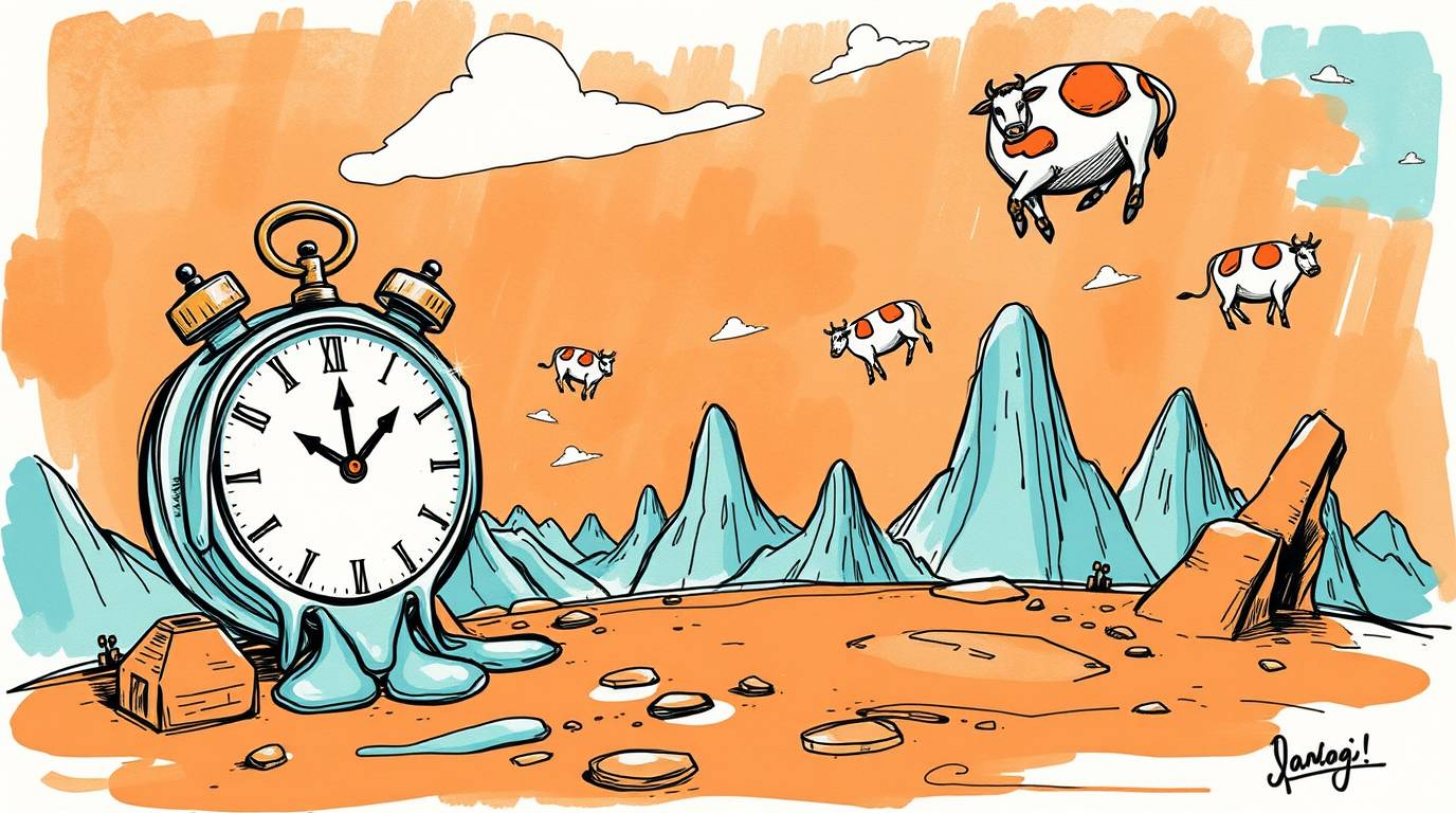 Explore a hand-drawn sketch of a surreal dreamscape featuring melting clocks and floating cows, rendered in a captivating Col