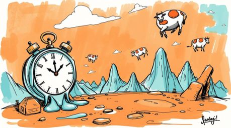Explore a hand-drawn sketch of a surreal dreamscape featuring melting clocks and floating cows, rendered in a captivating Col