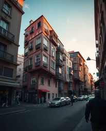 A captivating candid street photograph captures a surreal scene where buildings fold and twist, bathed in the warm glow of go