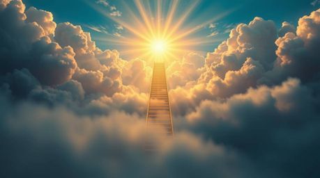 A digitally painted masterpiece depicts a golden staircase ascending through ethereal clouds towards a radiant heaven. Sunlig