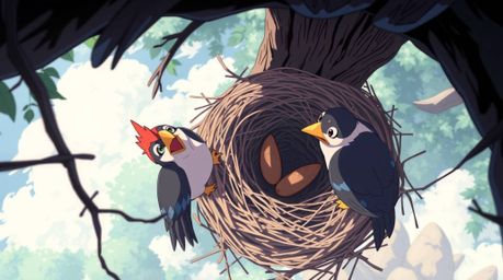 Experience a vibrant and dynamic scene reminiscent of classic animation with two cartoon birds diligently building their nest