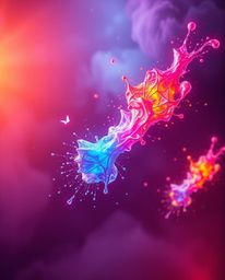 Explore a surreal digital landscape filled with abstract 3D colorful splash shapes floating in space. This captivating artwor