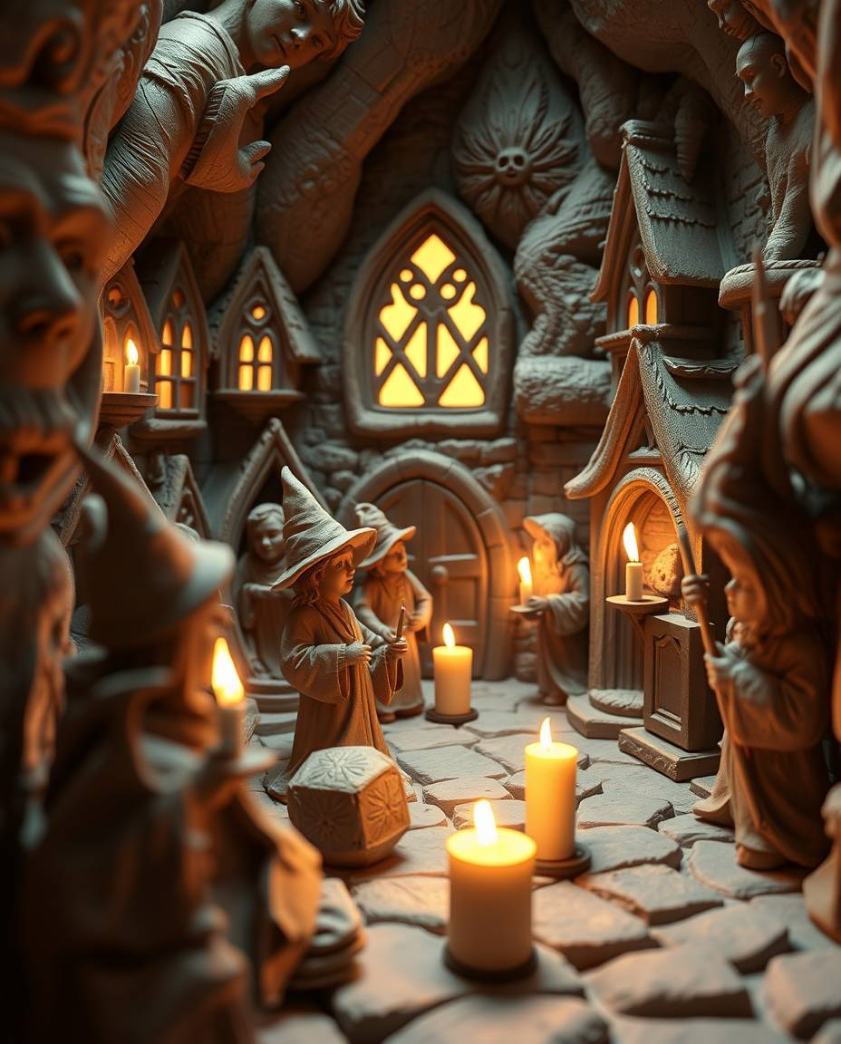 Immerse yourself in this captivating clay art depicting a magical school brimming with young wizards. Warm candlelight casts 