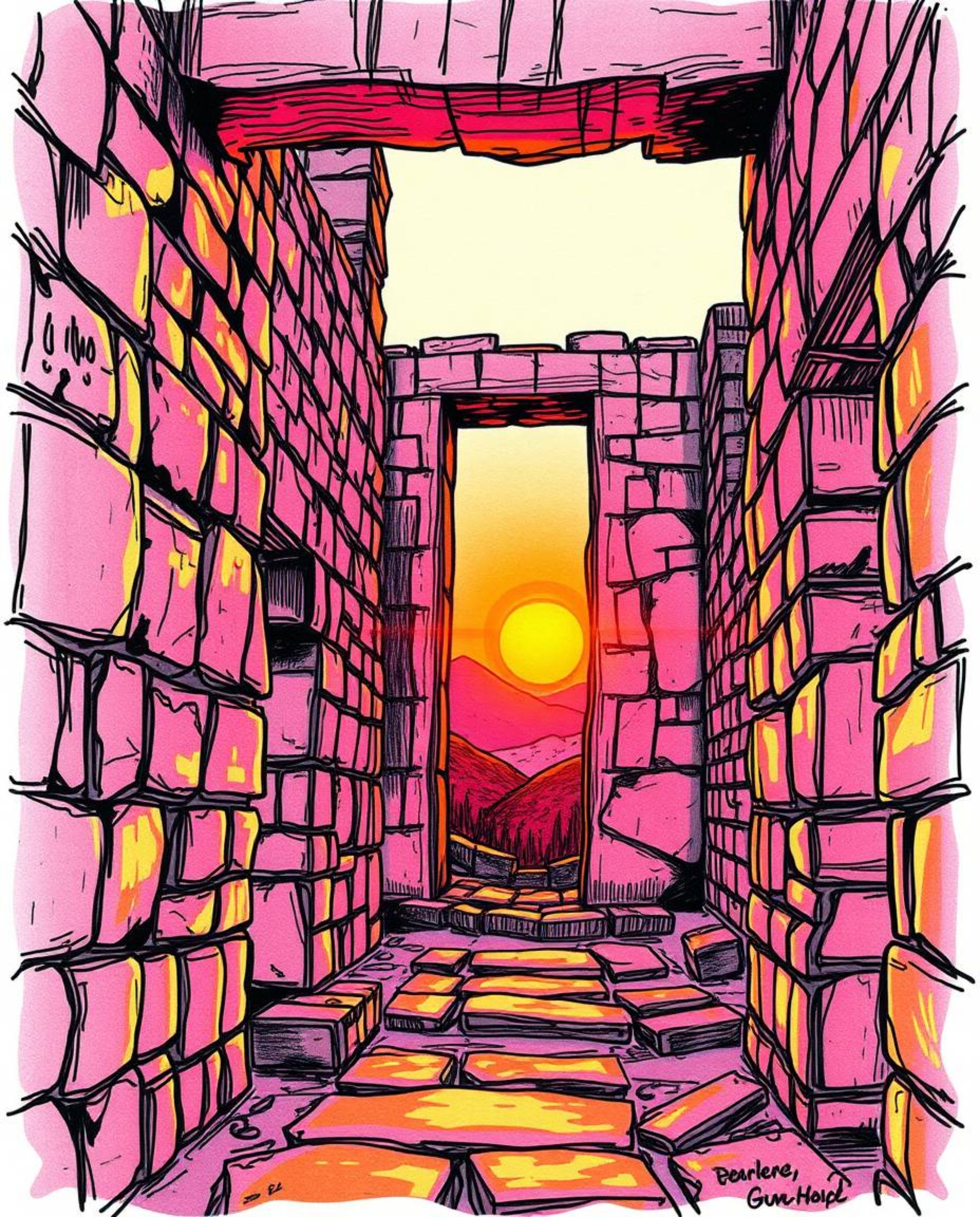 A hand-drawn sketch of a warm sunset casting shadows through ancient stone ruins. The artwork is created in a color sketchnot