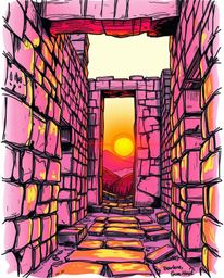 A hand-drawn sketch of a warm sunset casting shadows through ancient stone ruins. The artwork is created in a color sketchnot