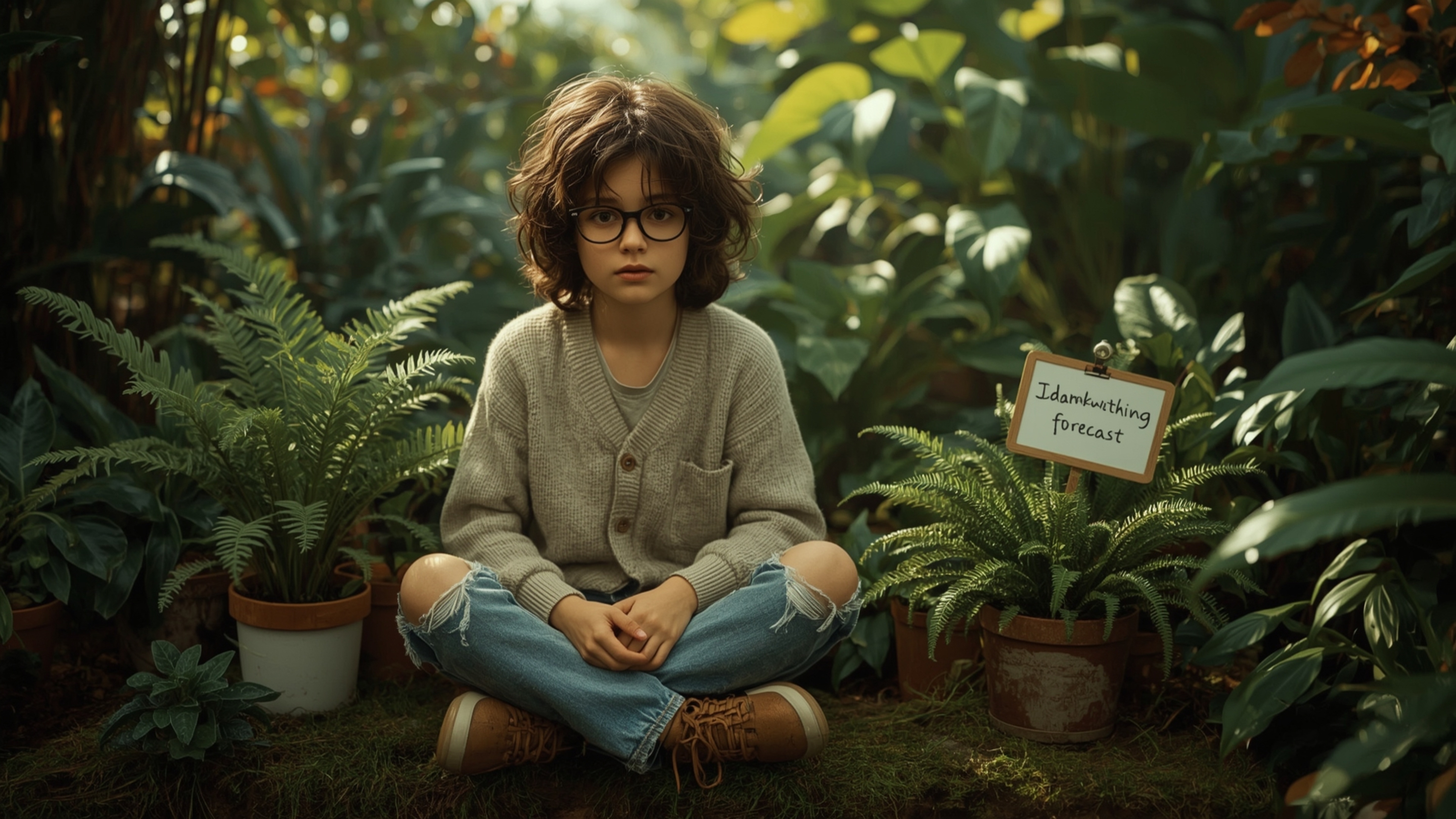 In a breathtakingly vibrant and whimsical cinematic photograph, a bespectacled homeschooled genius with curly brown hair and 