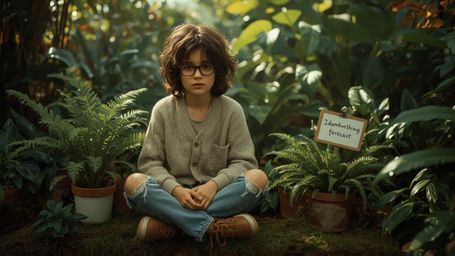 In a breathtakingly vibrant and whimsical cinematic photograph, a bespectacled homeschooled genius with curly brown hair and 