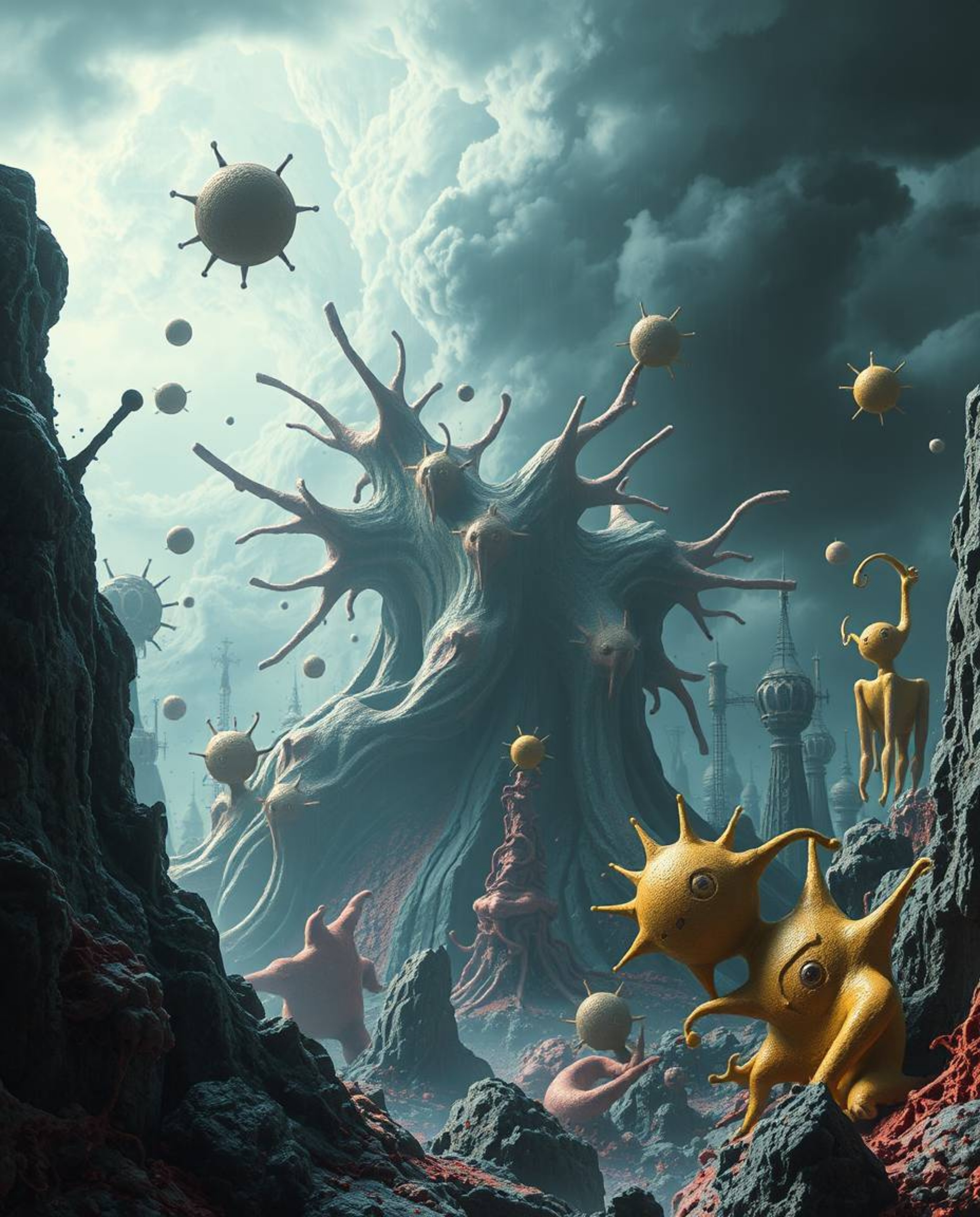 Experience an intense and dramatic digital art space where bizarre, fantastical abstract 3D splash shapes populate a surreal 
