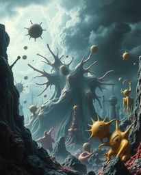 Experience an intense and dramatic digital art space where bizarre, fantastical abstract 3D splash shapes populate a surreal 