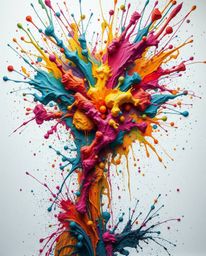 Experience a vibrant explosion of color as paint splashes across a pristine white canvas, brought to life with dreamlike surr
