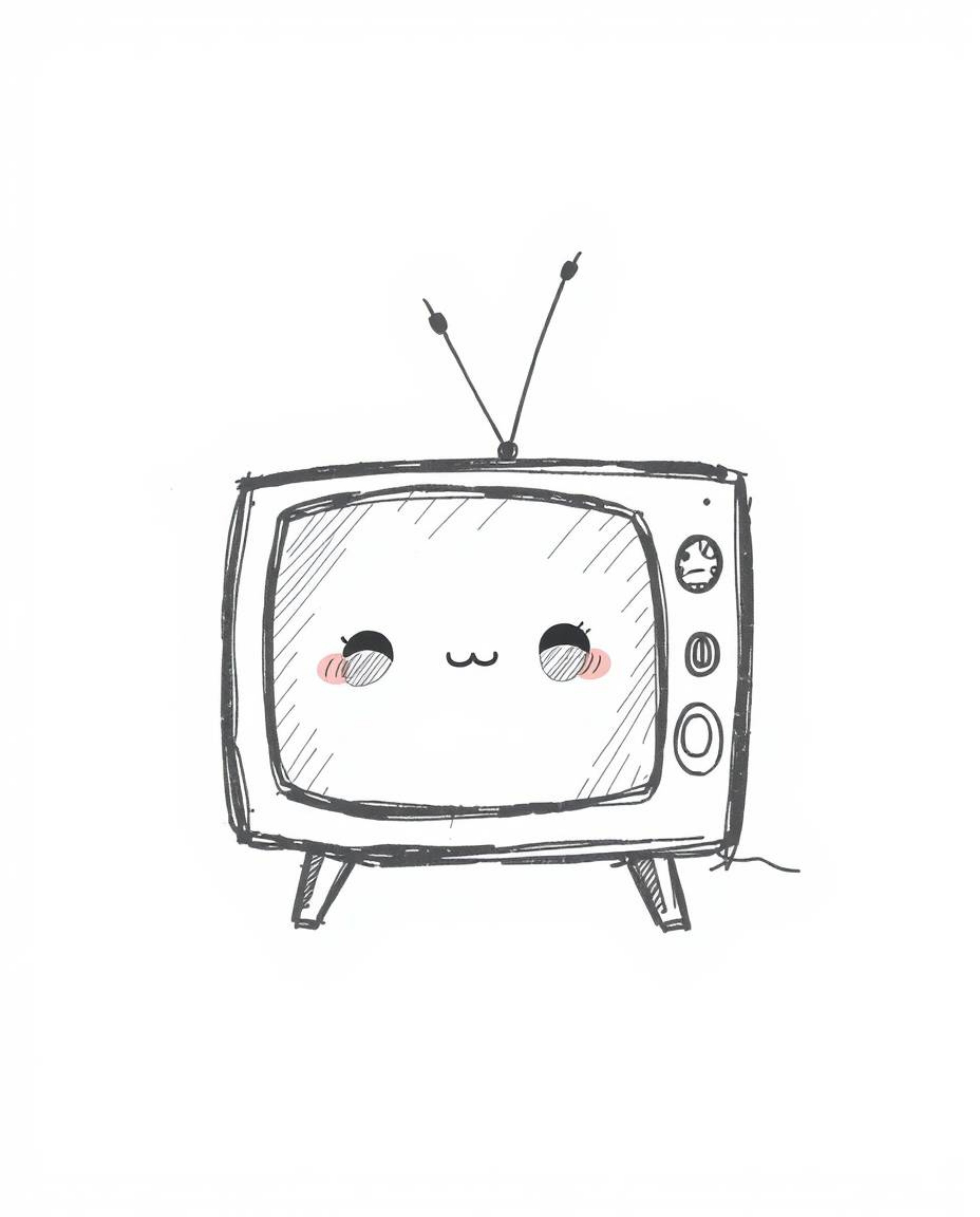 Adorable, cute hand-drawn sketch featuring a retro-style TV screen glitch with RGB separation.  The image showcases rough lin