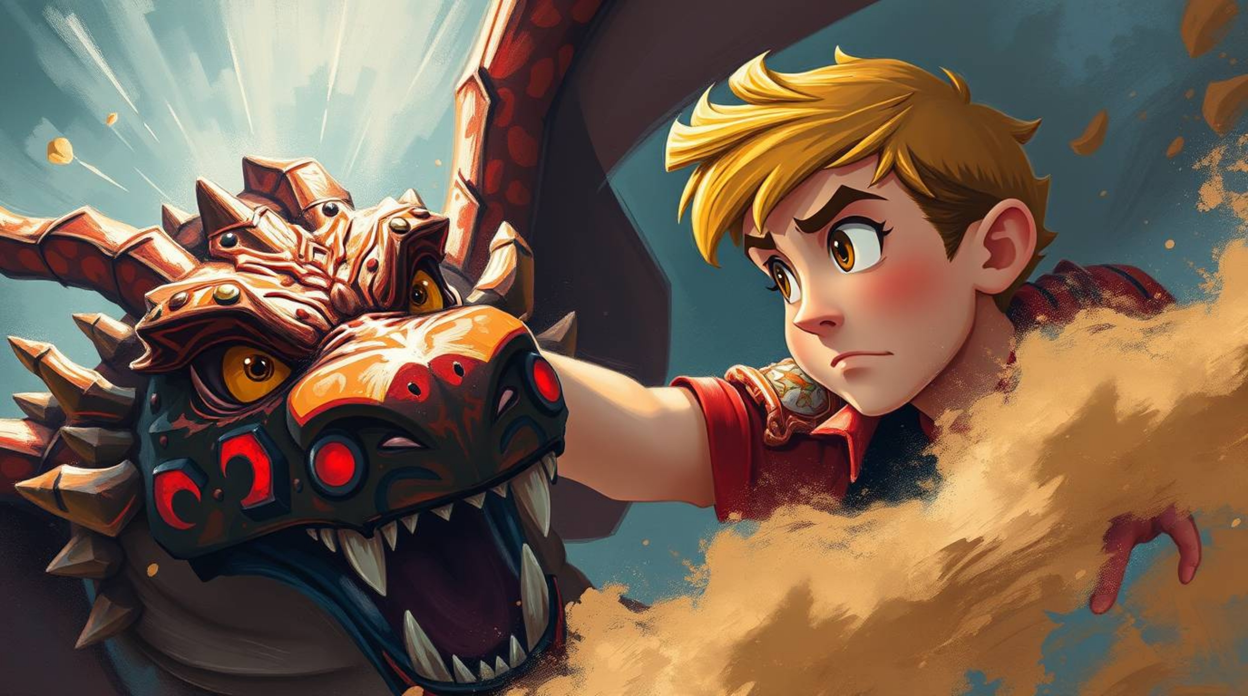 A captivating acrylic painting in the style of 1950s animation depicts a valiant prince with fair skin and determined eyes ba