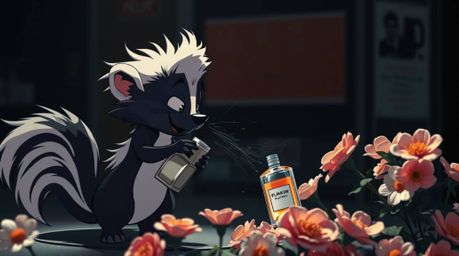A captivating street photography style image featuring a cartoon skunk playfully spraying perfume on flowers.  The image util