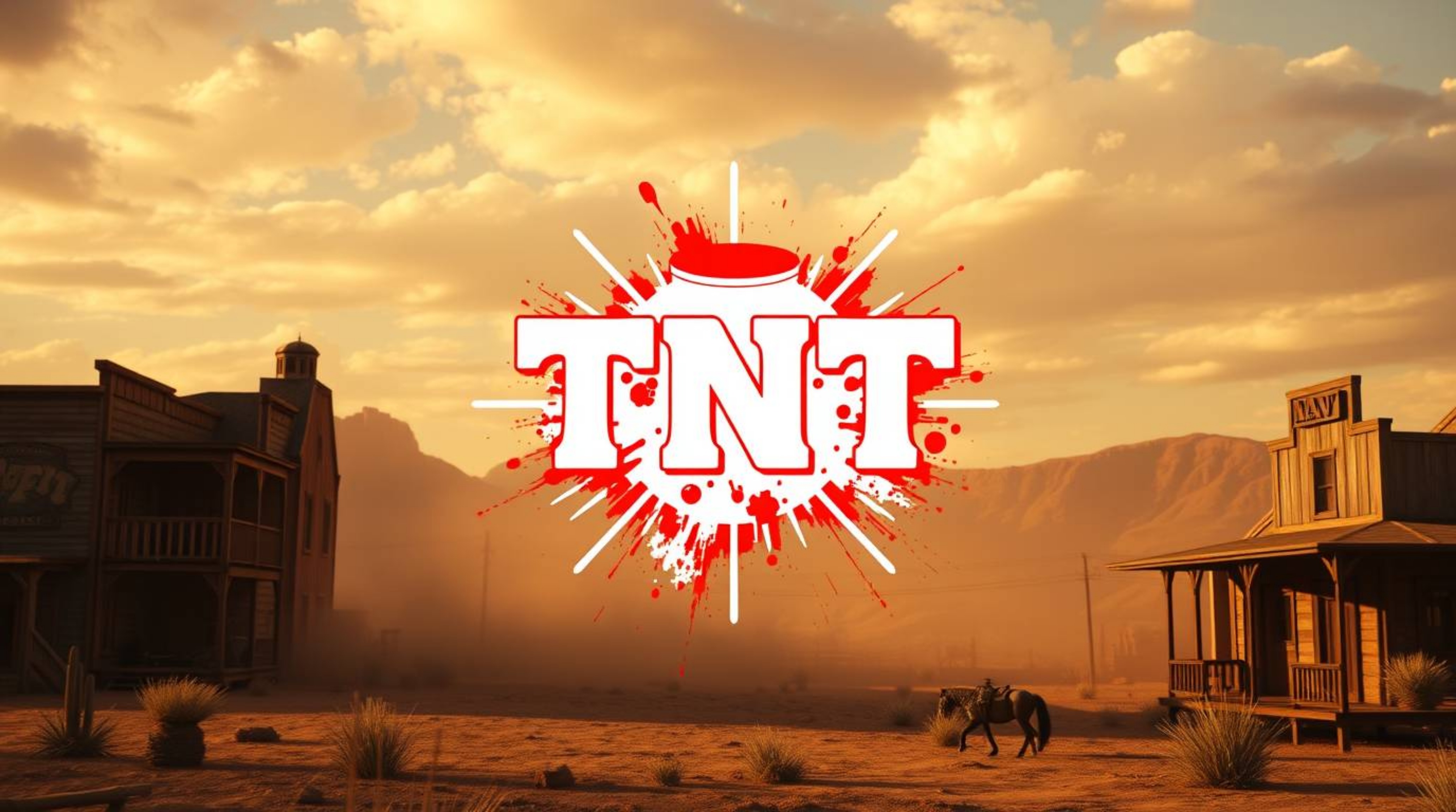 A classic exploding TNT gag set in the wild west, presented with a soft, dreamy atmosphere. The scene features a bright, vibr