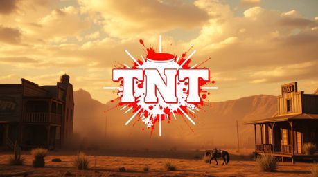 A classic exploding TNT gag set in the wild west, presented with a soft, dreamy atmosphere. The scene features a bright, vibr