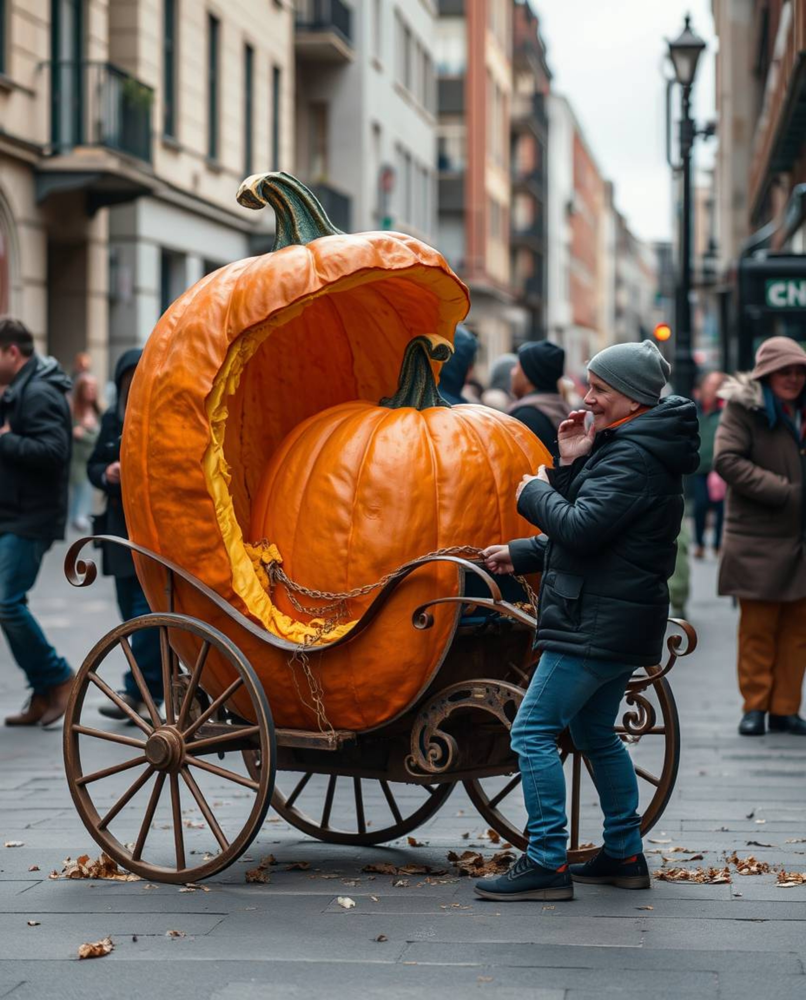 Explore the whimsical world of candid street photography where a magical pumpkin undergoes a captivating transformation into 