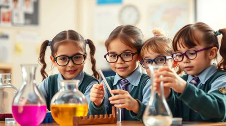 A captivating fine art photograph showcasing bright, vibrant, and warm-toned images of quirky children in school uniforms pla