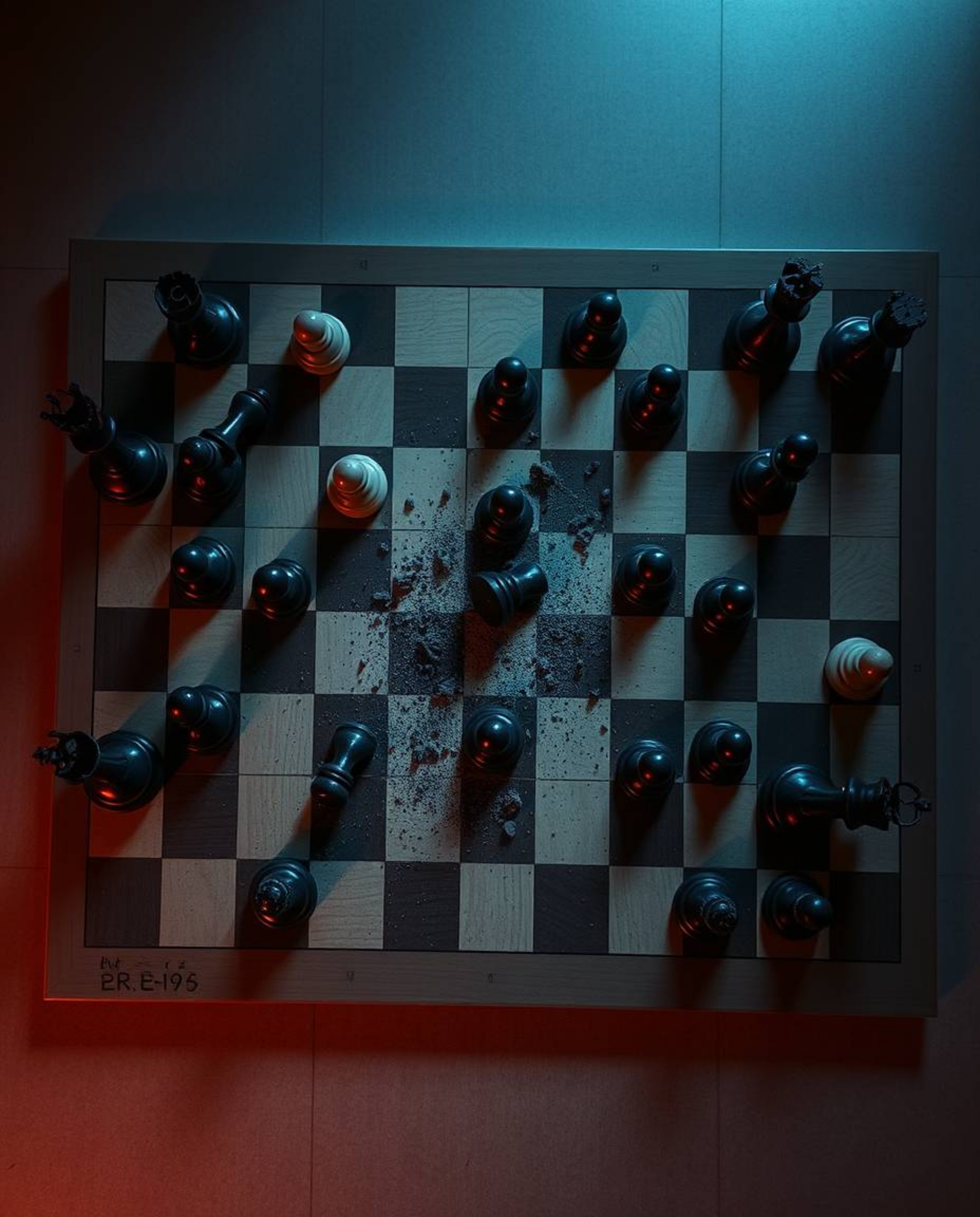 This image captures a mesmerizing scene of a chessboard with its pieces frozen mid-air in a moment of destructive chaos. Shot
