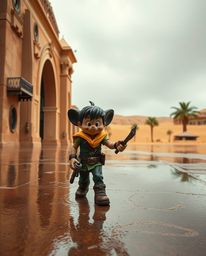 Captivating architectural color photography showcases a brave Disney hero amidst a desert adventure, uniquely set in a wet, r