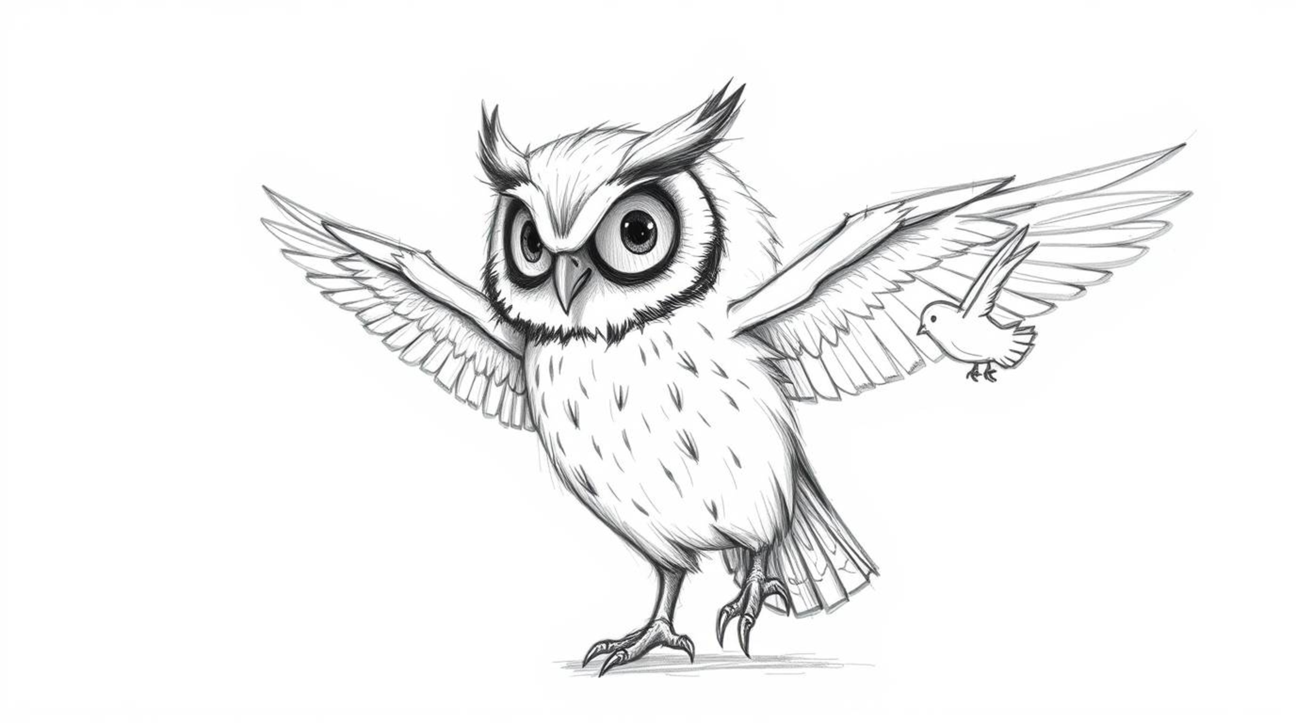 A rough, textured pencil sketch depicting a blind owl in a Pixar style, focused on conveying a sense of trust and feeling. Th
