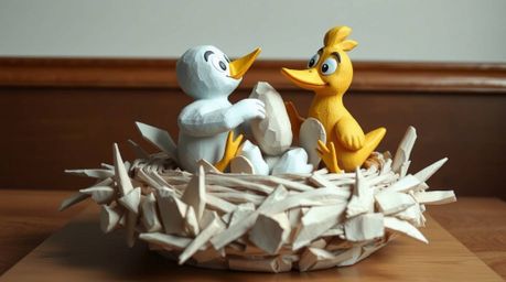 This papier-mâché sculpture showcases two cartoon birds diligently building a nest, rendered in a charming classic animation