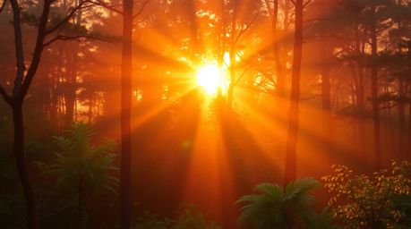 Experience a captivating visual journey into a dense forest bathed in the soft, dreamy glow of a vibrant sunset.  Bright colo