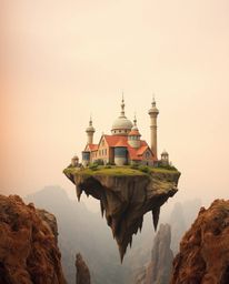 Explore a captivating world of surreal art photography featuring a floating island with strange architecture. This collection