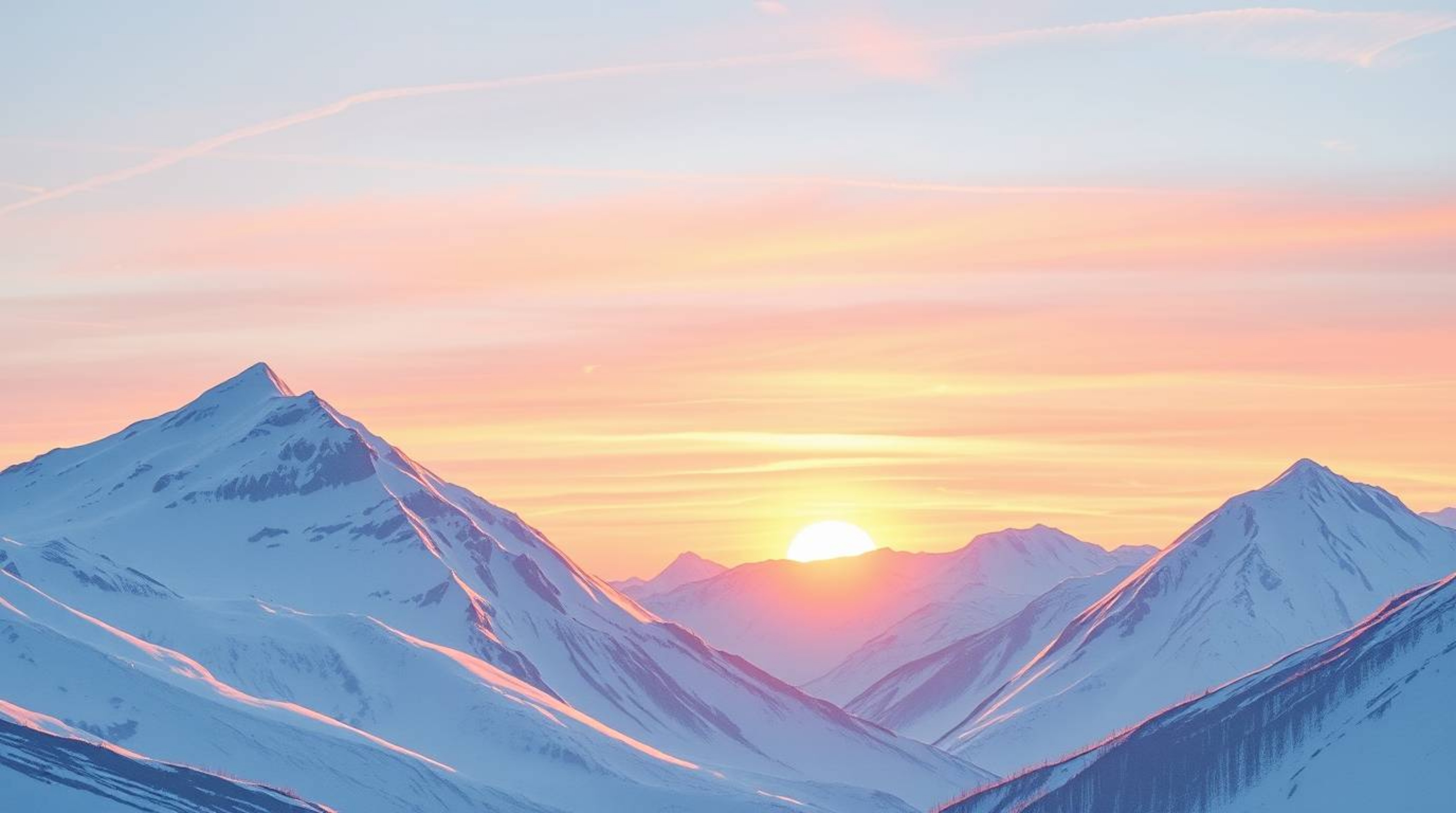 A captivating hand-drawn sketch depicting snow-covered mountains bathed in the warm glow of a pastel sunset.  Rendered in an 