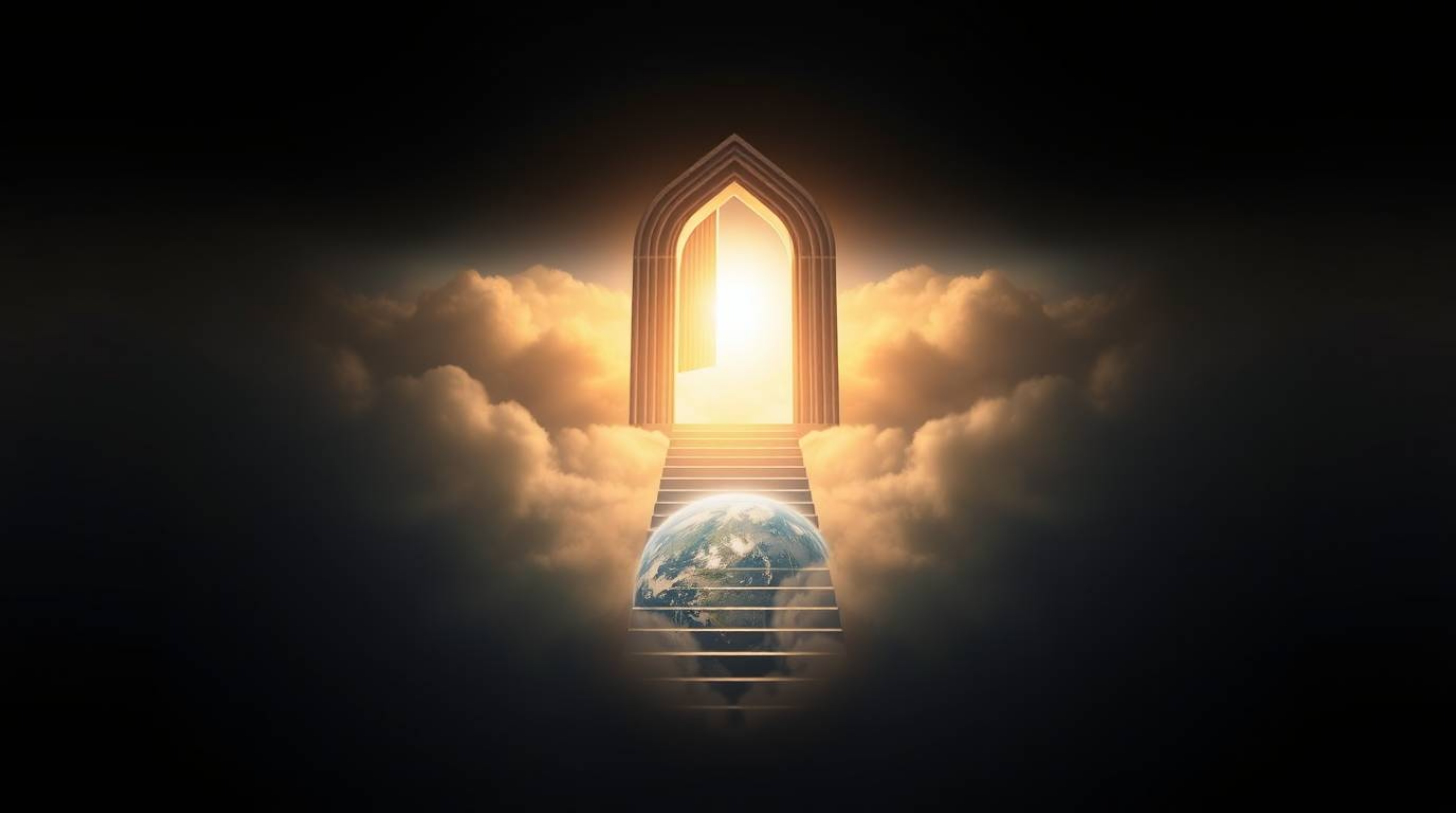 A captivating fantasy realism logo design features a heavenly gate floating above soft, cinematic clouds.  Golden light illum