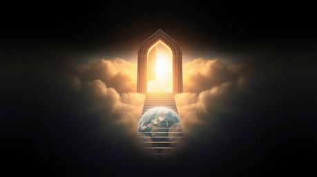 A captivating fantasy realism logo design features a heavenly gate floating above soft, cinematic clouds.  Golden light illum