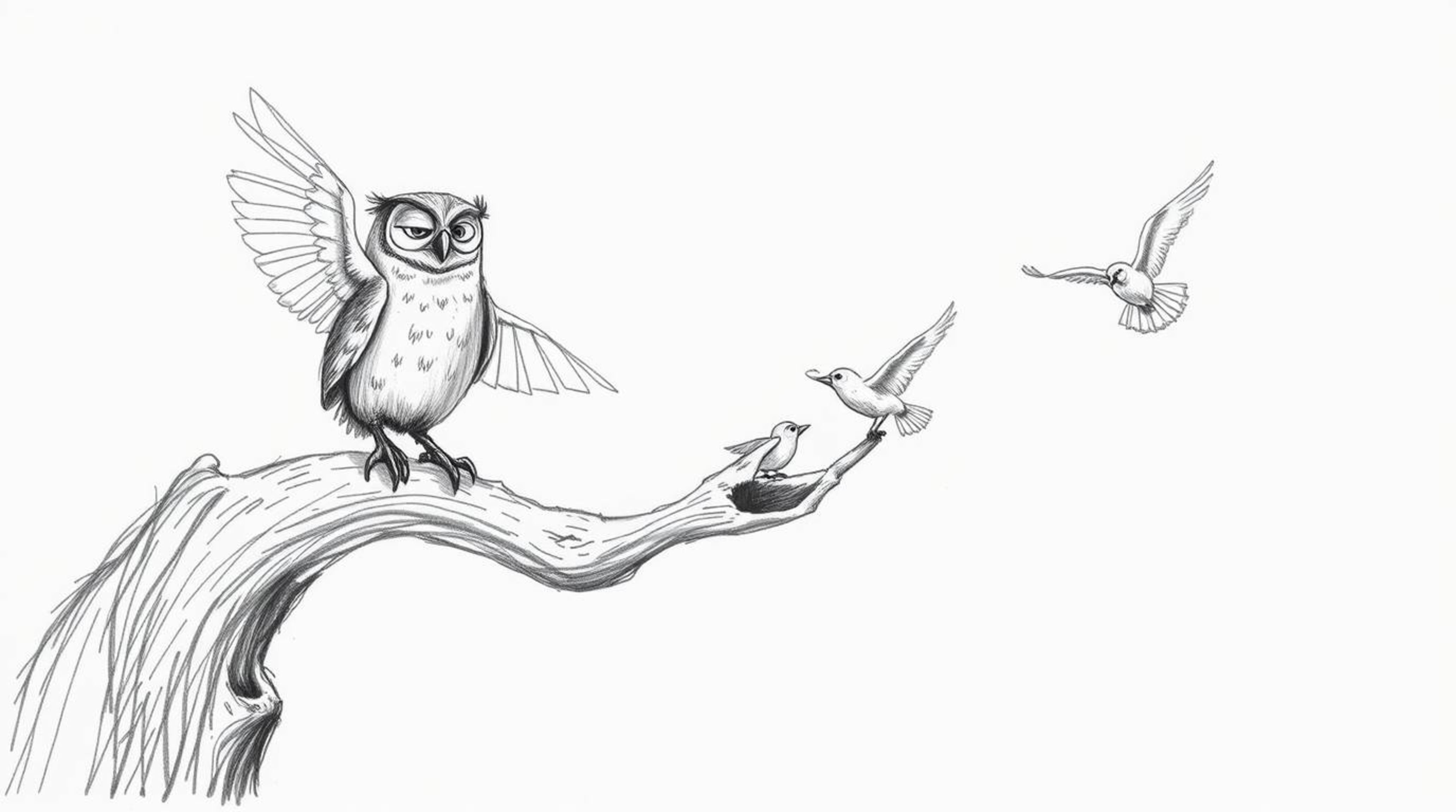 A hand-drawn sketch in the style of Pixar shows a blind owl perched on a hollow branch, patiently teaching birds how to fly.