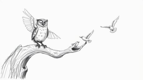 A hand-drawn sketch in the style of Pixar shows a blind owl perched on a hollow branch, patiently teaching birds how to fly. 