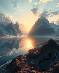 A digital painting of a grand, epic scene featuring a glassy fjord reflecting a sunset. This artwork is characterized by a mo