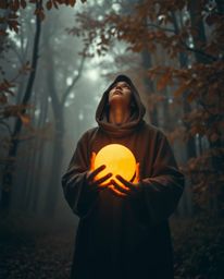 A captivating scene unfolds in a misty autumn forest where a cloaked figure, bathed in dramatic lighting, gazes upward while 